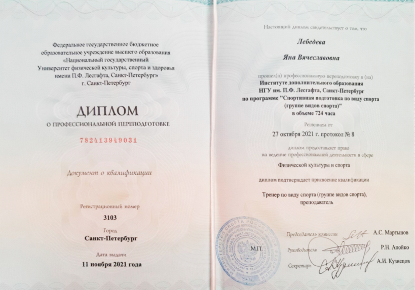Диплом образования фитнес-тренера Яны Лебедевой